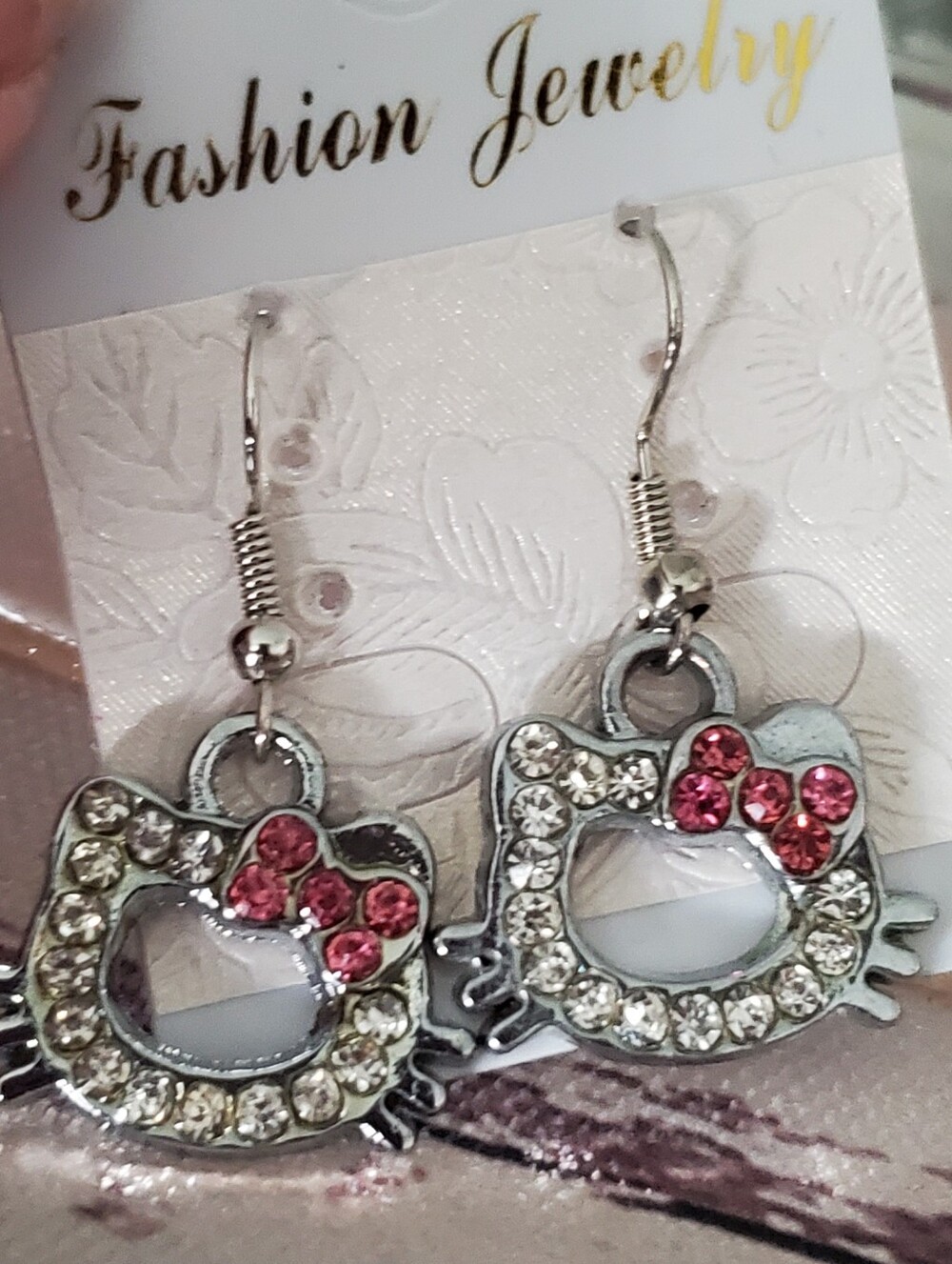 Hello Kitty Rhinestone Silver Tone Dangle Earrings